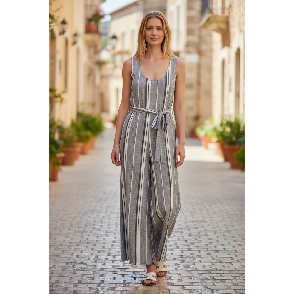 Cloth & Stone Grey White Striped Linen Blend Wide Leg Jumpsuit C6148-102-370 L